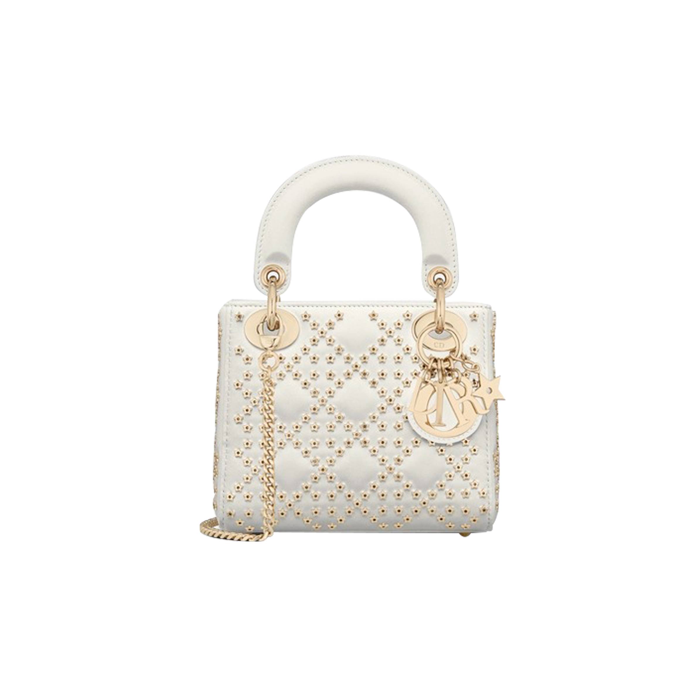 DIOR LAMBSKIN CANNAGE LUCKY STAR STUDDED MINI LADY DIOR WHITE (17*14*8cm)